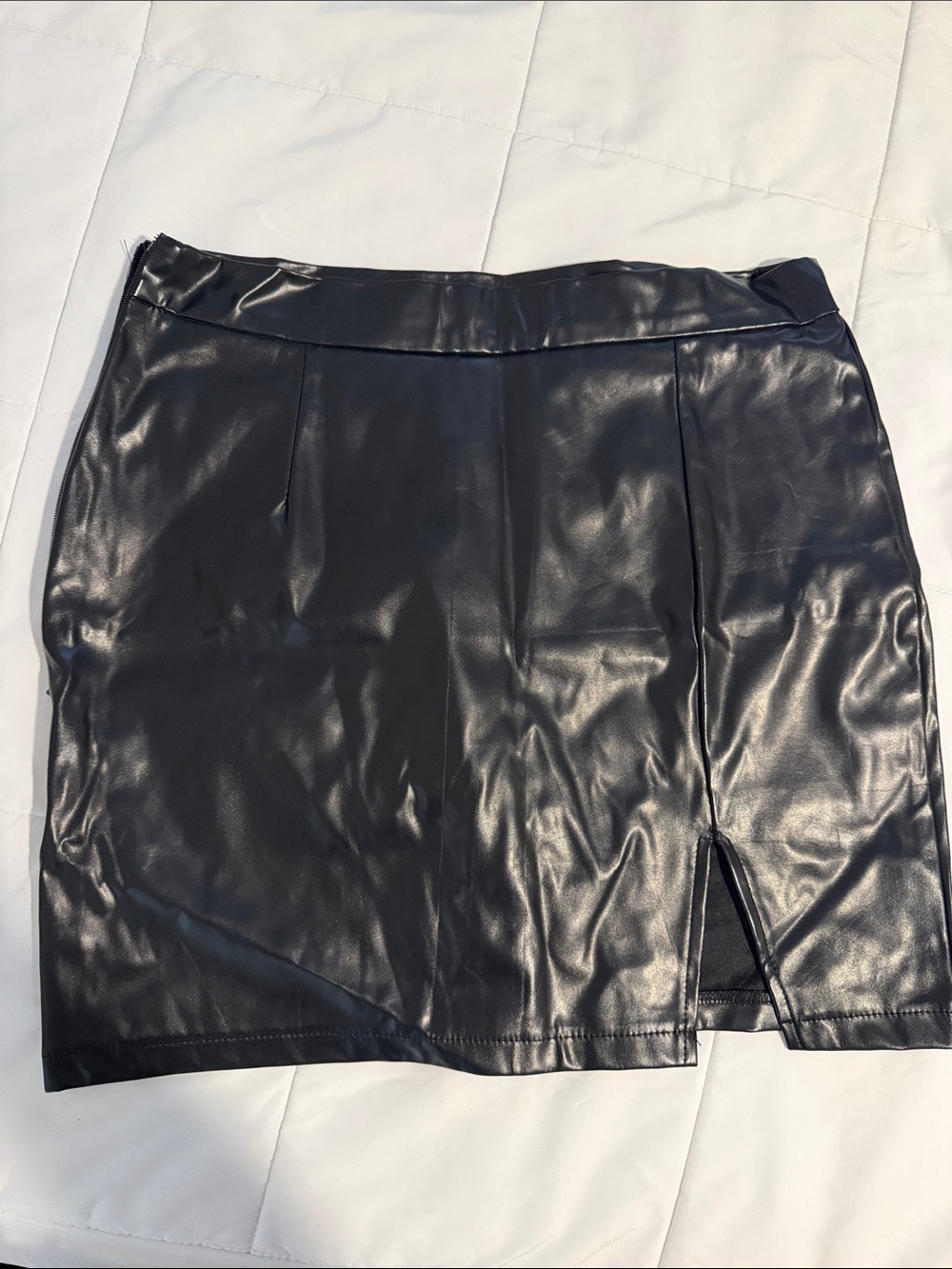 Black Faux Leather Mini Skirt with Front Slit - Women